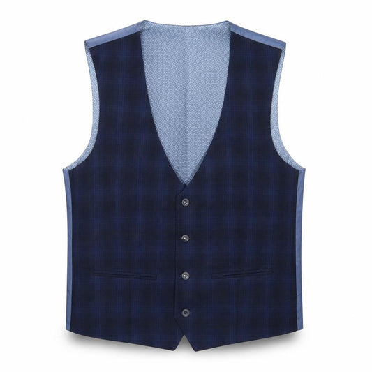 Front view of Spitual Fields men’s blue polyester jacket suit waistcoat, size L, regular