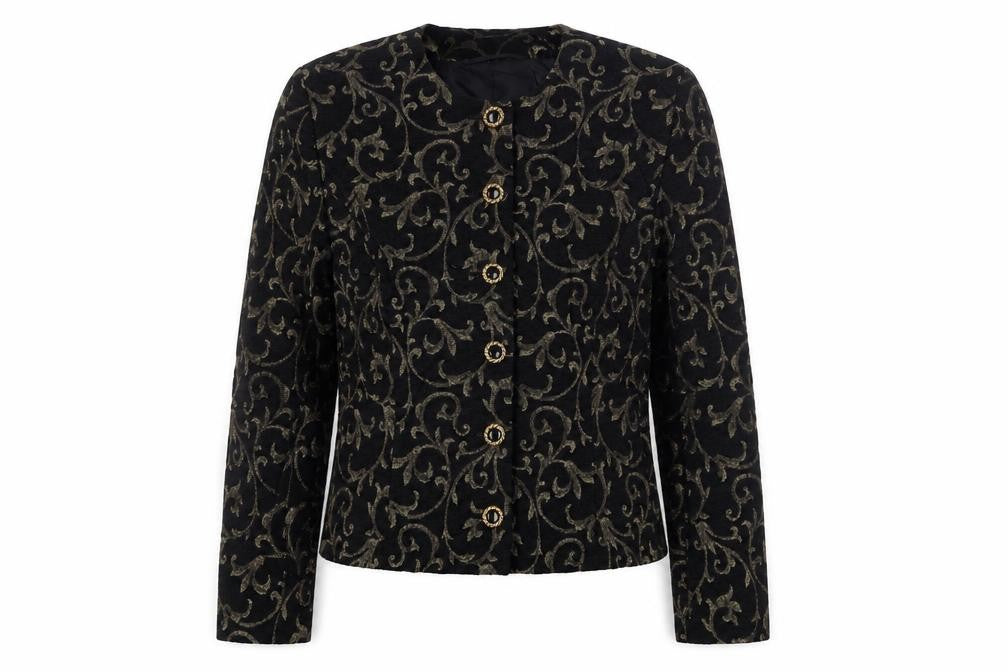 Front view of Country Casuals women’s black fair isle jacket blazer, size UK 10, button