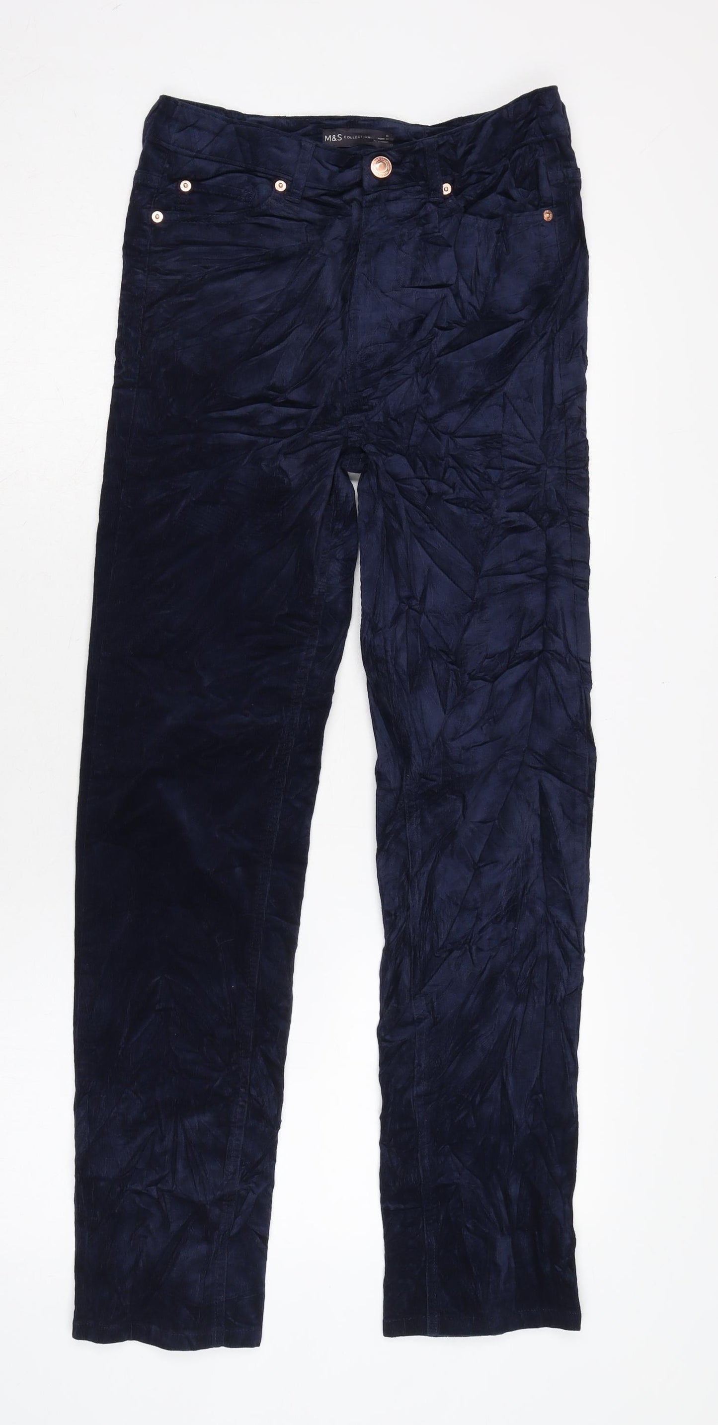 Marks and Spencer Womens Blue Cotton Trousers Size 8 L30 in Regular Zip