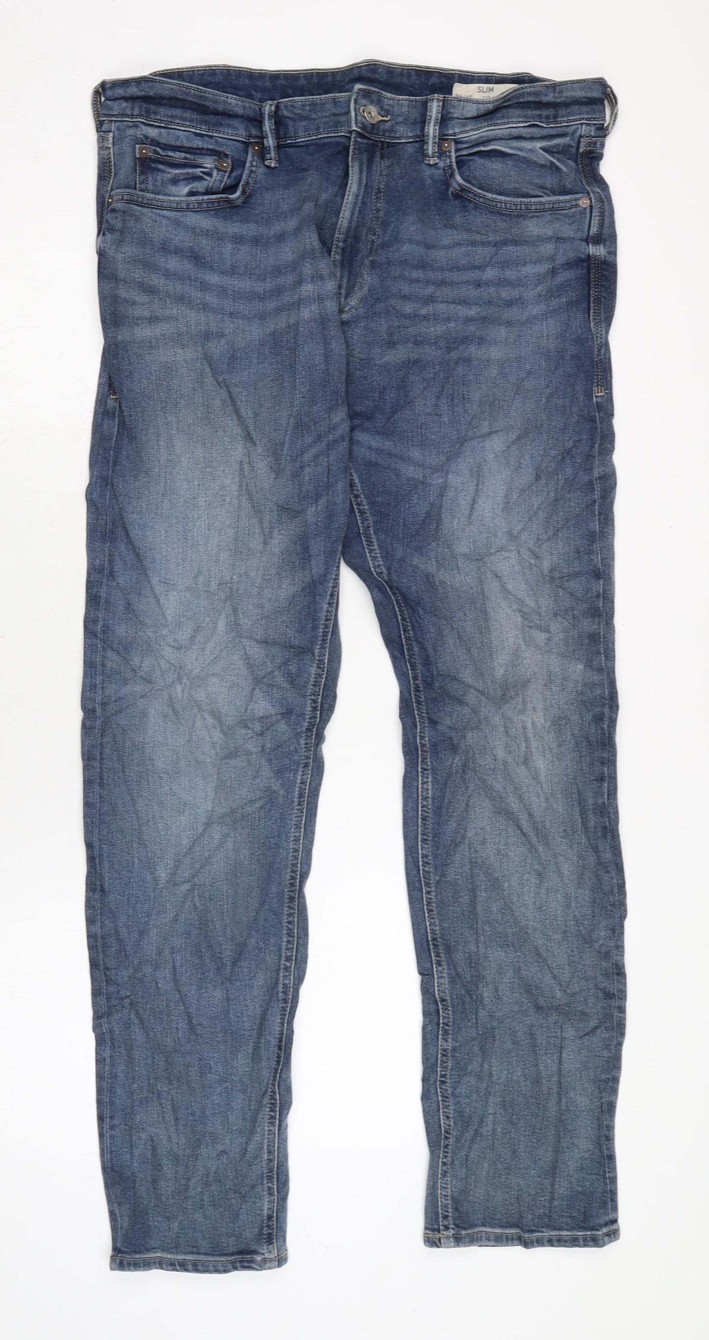Marks and Spencer Mens Blue Cotton Blend Straight Jeans Size 36 in L32 in Regular Zip