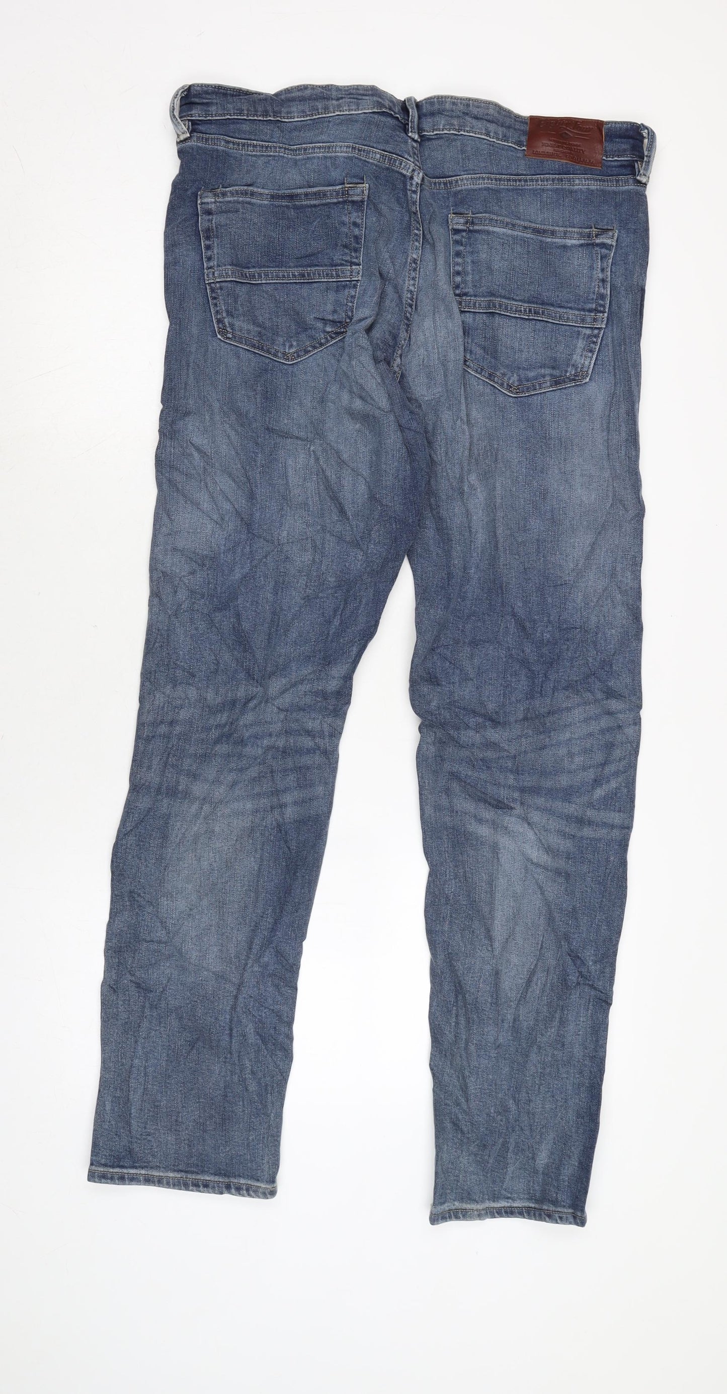 Marks and Spencer Mens Blue Cotton Blend Straight Jeans Size 36 in L32 in Regular Zip