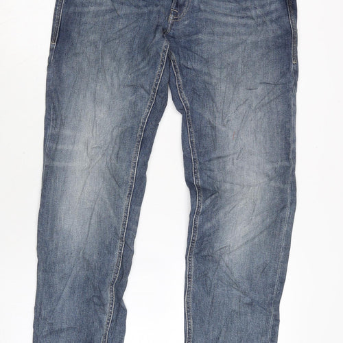 Marks and Spencer Mens Blue Cotton Blend Straight Jeans Size 32 in L33 in Regular Zip