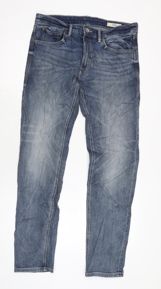 Marks and Spencer Mens Blue Cotton Blend Straight Jeans Size 32 in L33 in Regular Zip