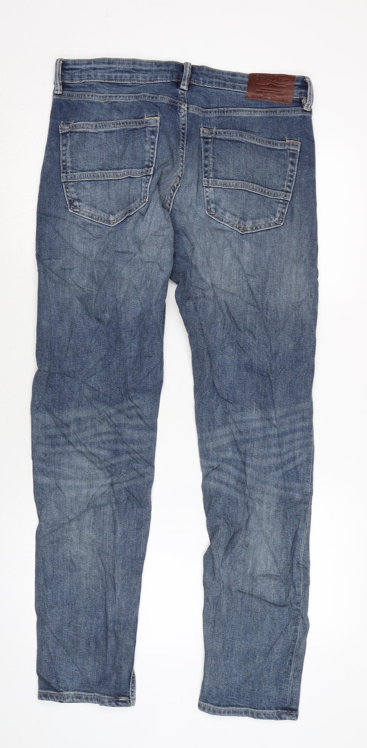 Marks and Spencer Mens Blue Cotton Blend Straight Jeans Size 32 in L33 in Regular Zip