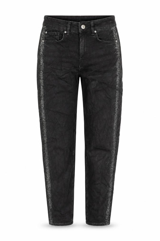 Front view of Marks & Spencer women’s blue cotton blend mom jeans, size UK 8 regular zip - glitter stripe down sides.