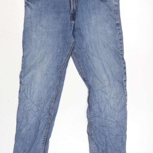Marks and Spencer Mens Blue Herringbone Cotton Blend Straight Jeans Size 36 in L26 in Regular Zip