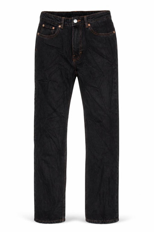 Front view of Weekday women’s black cotton straight jeans, size UK 27, in, 32-inch leg regular zip