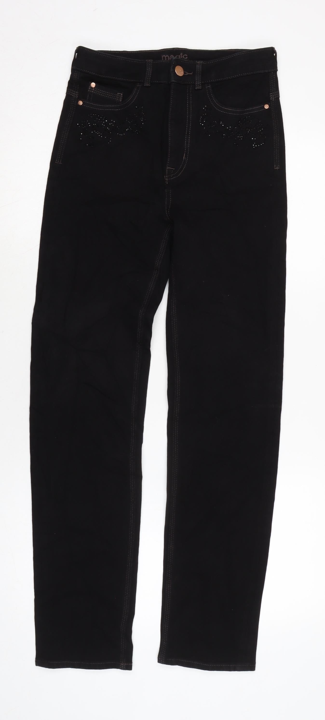 Marks and Spencer Womens Black Cotton Blend Straight Jeans Size 8 L30 in Regular Zip - Gemstone detail to front an back pockets.