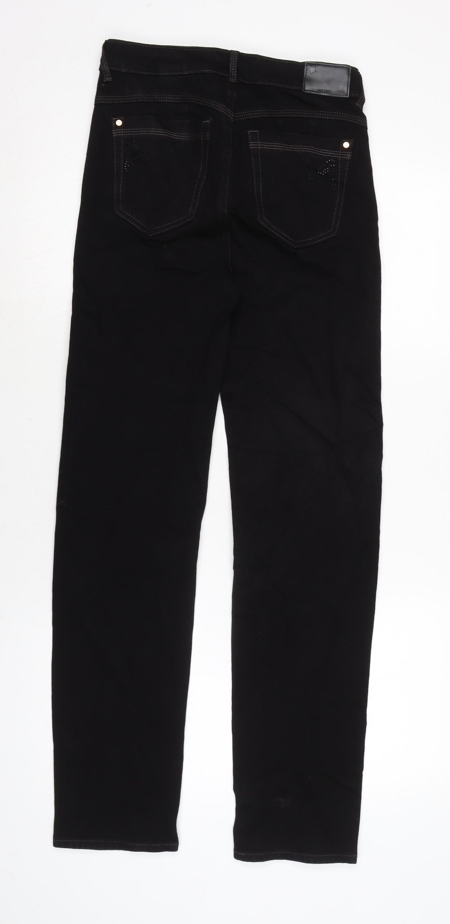 Marks and Spencer Womens Black Cotton Blend Straight Jeans Size 8 L30 in Regular Zip - Gemstone detail to front an back pockets.