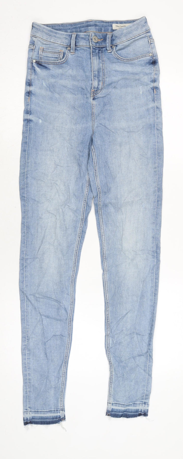 Marks and Spencer Womens Blue Cotton Blend Tapered Jeans Size 8 L29 in Regular Zip - Raw Hem