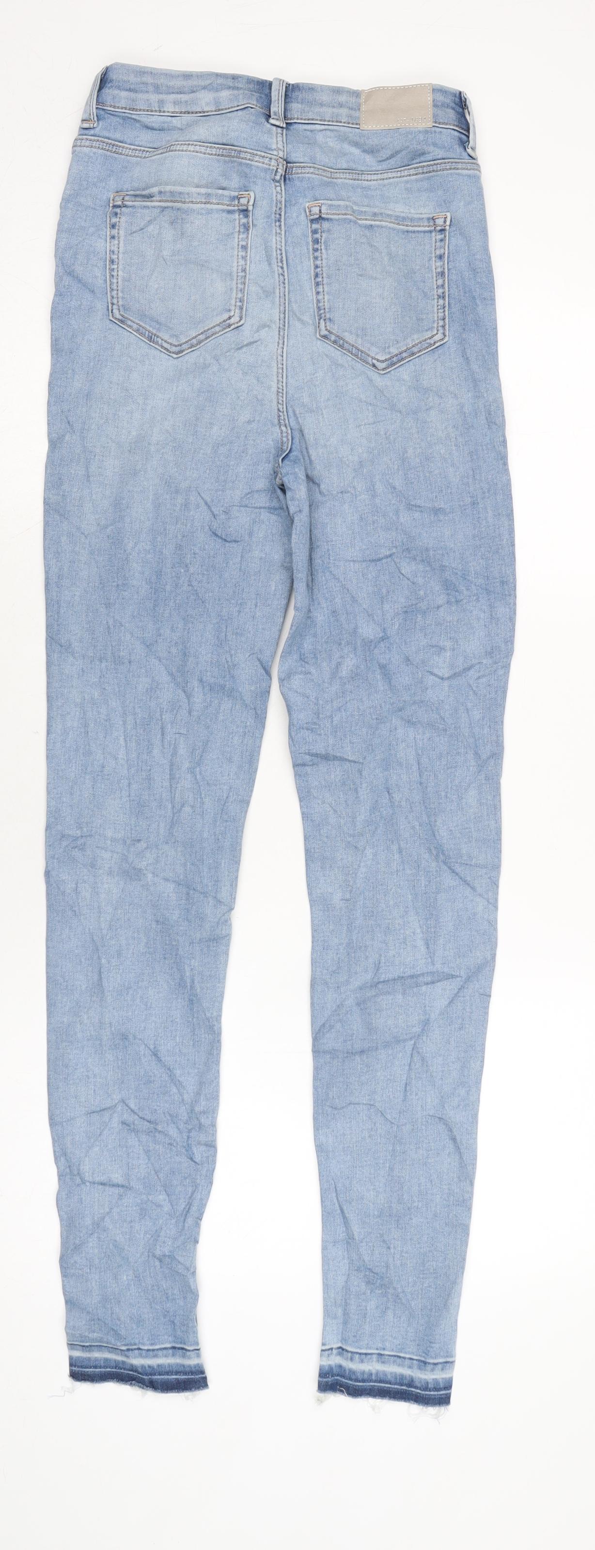 Marks and Spencer Womens Blue Cotton Blend Tapered Jeans Size 8 L29 in Regular Zip - Raw Hem