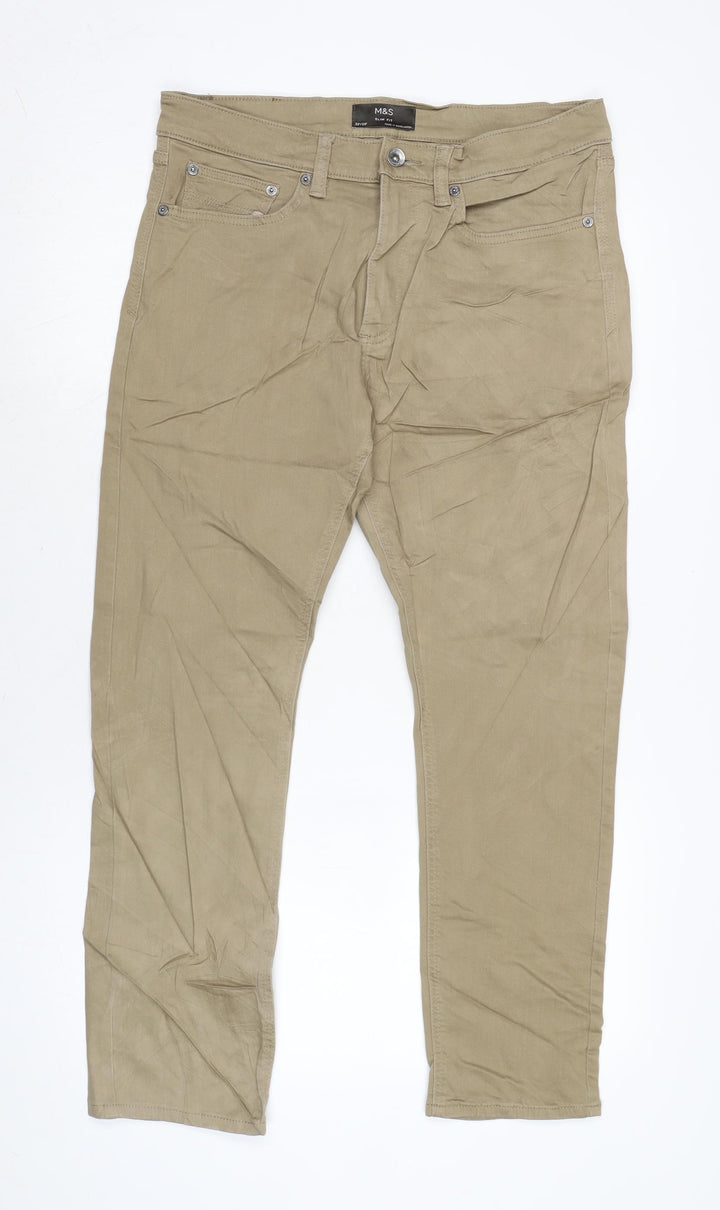 Marks and Spencer Womens Brown Cotton Blend Straight Jeans Size 32 in L29 in Slim Zip