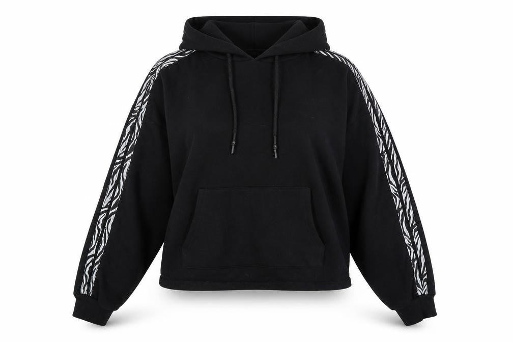 Front view of Fluid women’s black cotton pullover hoodie, size UK 14