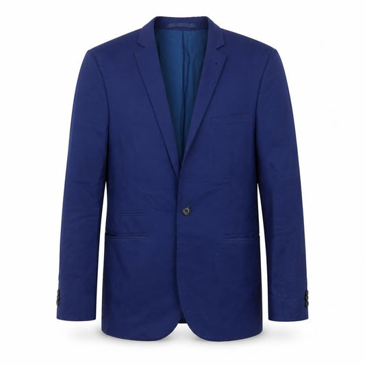 Front view of Marks & Spencer men’s blue polyester jacket suit jacket, size 38, regular