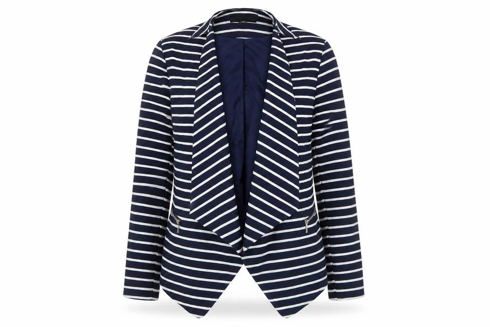 Front view of New Look women’s blue striped jacket, size UK 10
