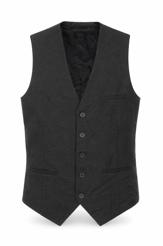 Front view of Bolongaro Trevor men’s black polyester jacket suit waistcoat, size 36, regular