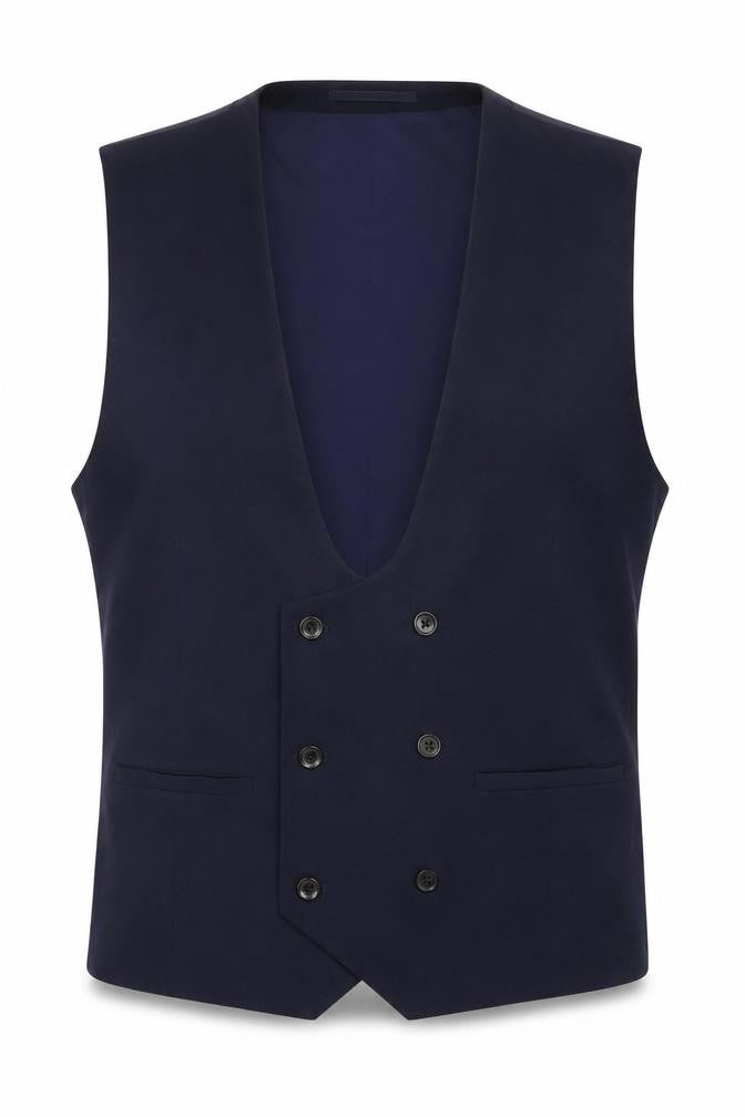 Front view of ONESIX5IVE men’s blue viscose jacket suit waistcoat, size 48, regular