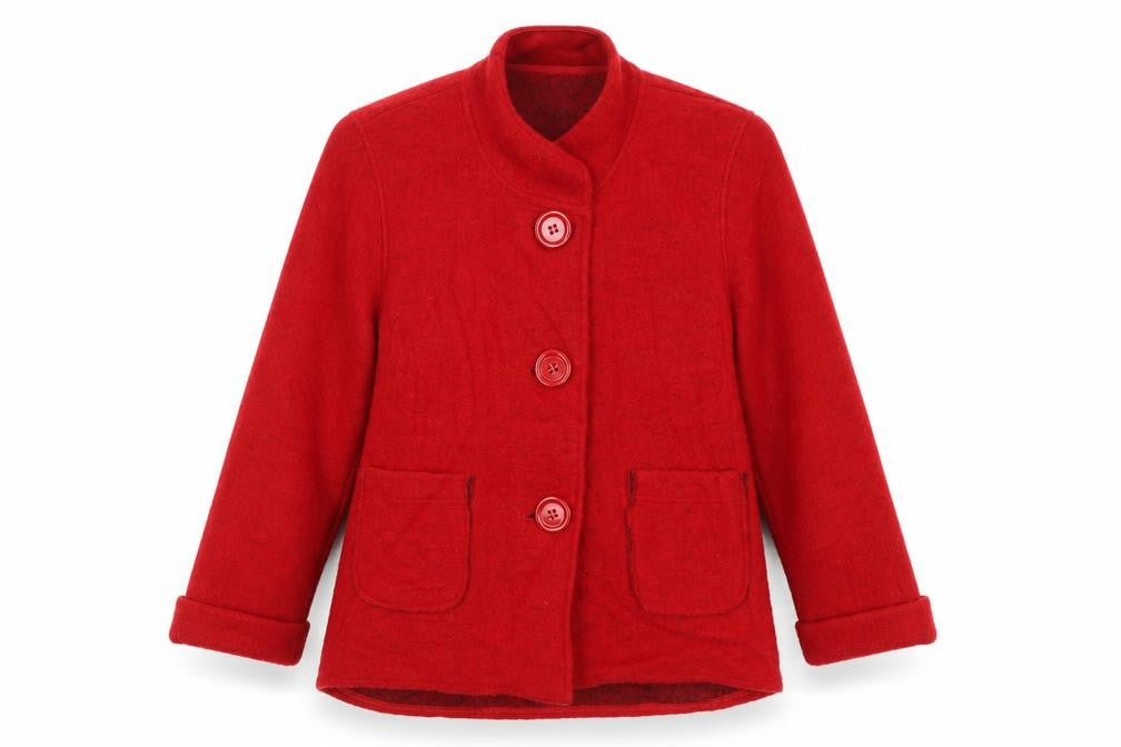 Front view of Next women’s purple herringbone jacket, size UK 12, - slight bobbling