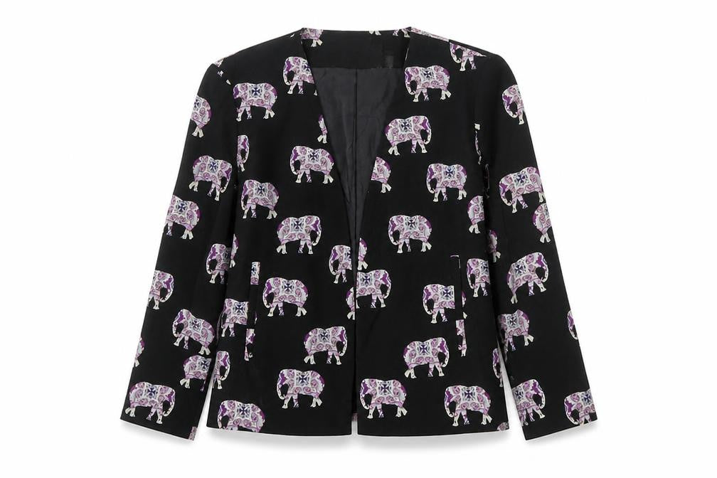 Front view of ASOS women’s multicoloured geometric jacket blazer, size UK 10, - elephants