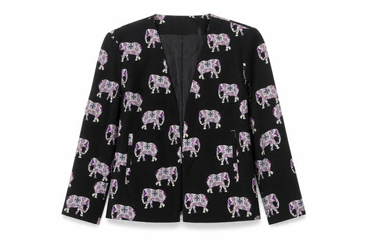Front view of ASOS women’s multicoloured geometric jacket blazer, size UK 10, - elephants