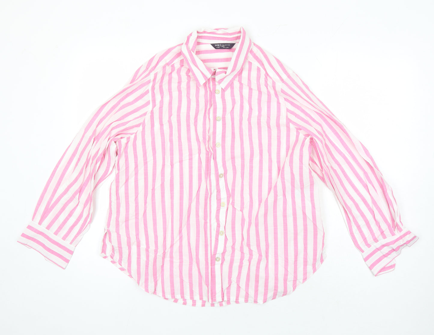 M&S Womens Multicoloured Striped 100% Cotton Tunic Blouse Size 14 Collared