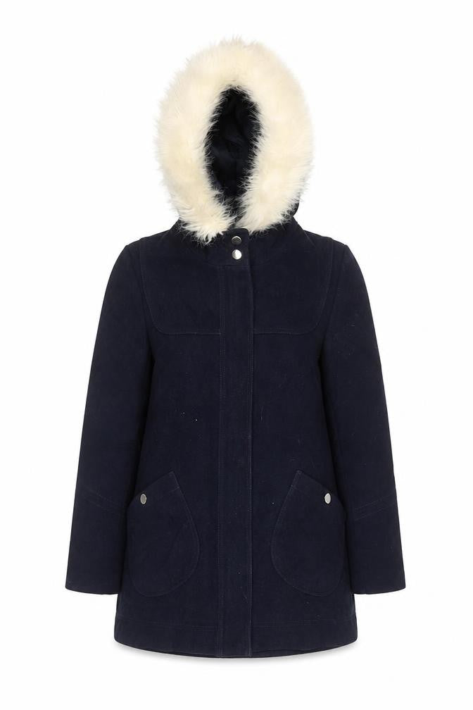 Front view of Topshop women’s blue overcoat coat, size UK 10