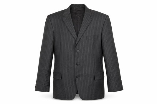 Front view of Next men’s grey striped wool jacket suit jacket, size 48, regular
