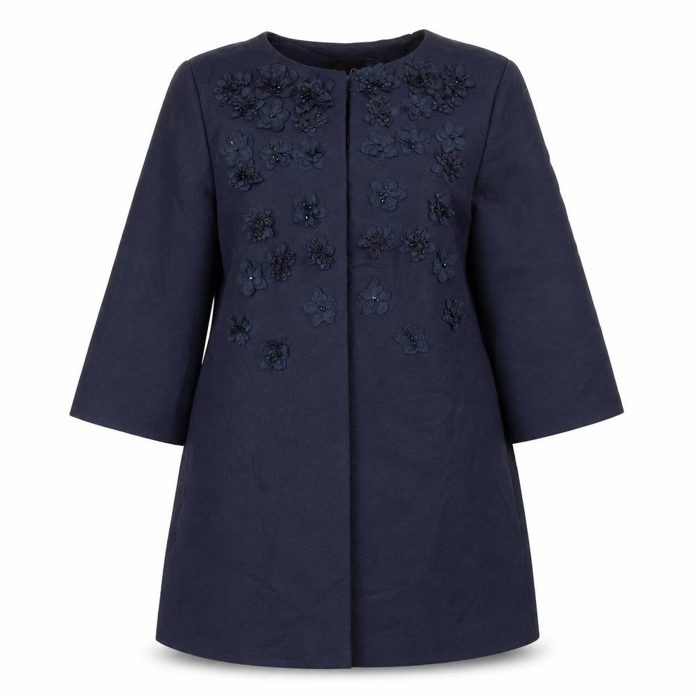 Front view of Fee G women’s blue jacket coat, size UK 14, - flower detail