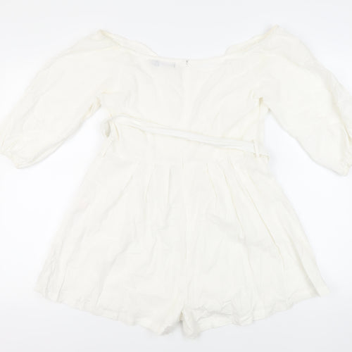 Boohoo Womens White Cotton Playsuit One-Piece Size 12 Zip - Belted