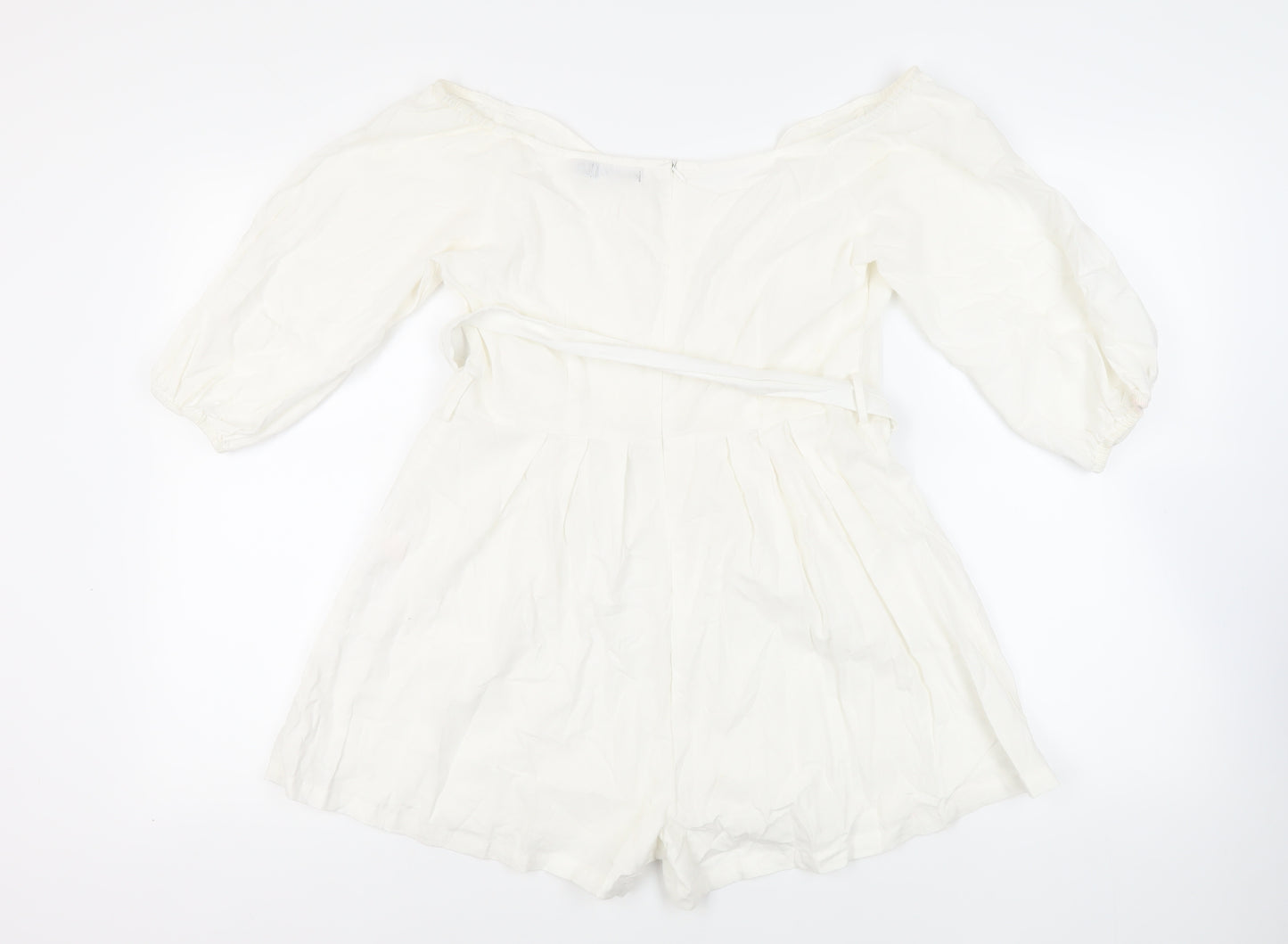 Boohoo Womens White Cotton Playsuit One-Piece Size 12 Zip - Belted