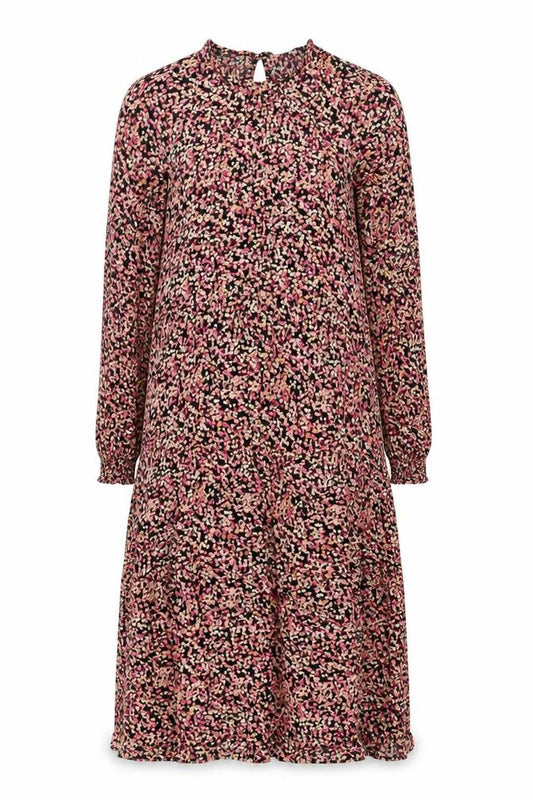 Front view of H&M women’s black floral viscose a-line, size M, round neck button