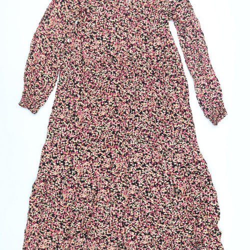 H&M Womens Black Floral Viscose A-Line Size M Round Neck Button