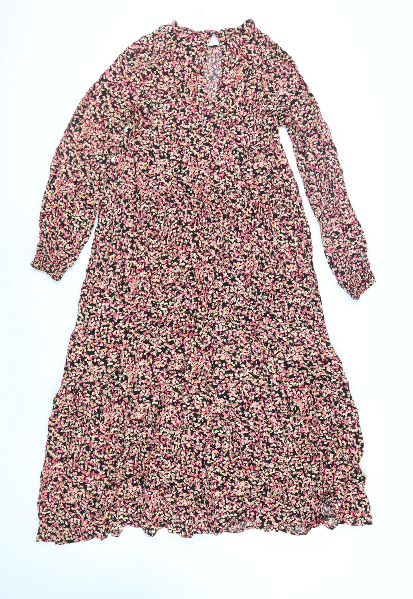 H&M Womens Black Floral Viscose A-Line Size M Round Neck Button