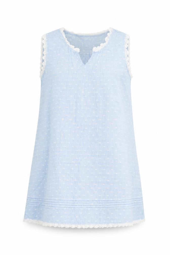 Shabby Chic Womens Blue Geometric Cotton Shift Size L V-Neck Pullover - Crocheted Lace Detail