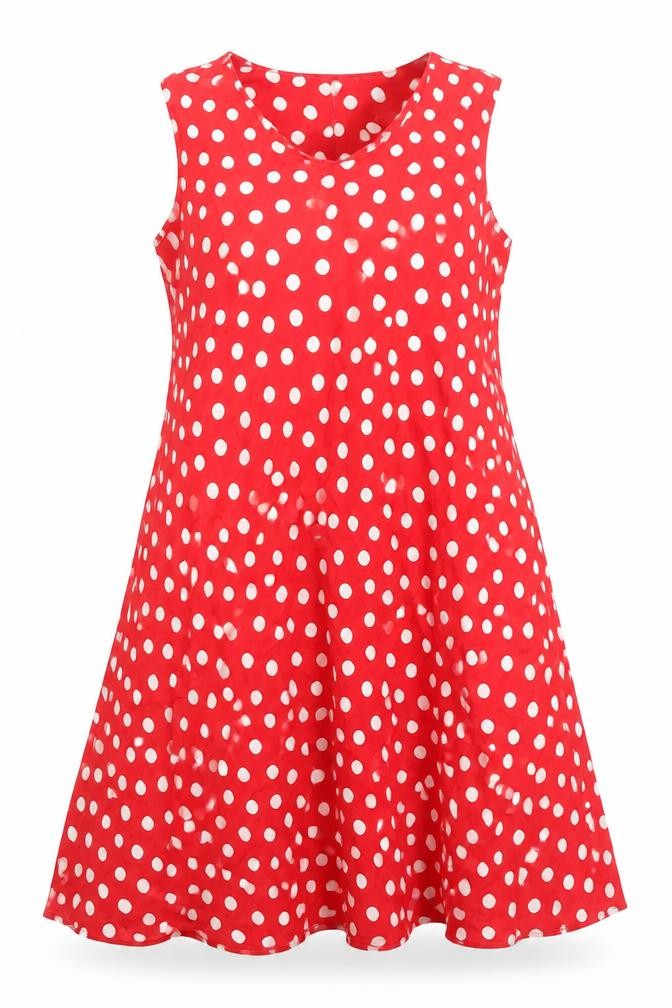 Front view of Marks & Spencer women’s red polka dot viscose a-line, size UK 8, round neck button