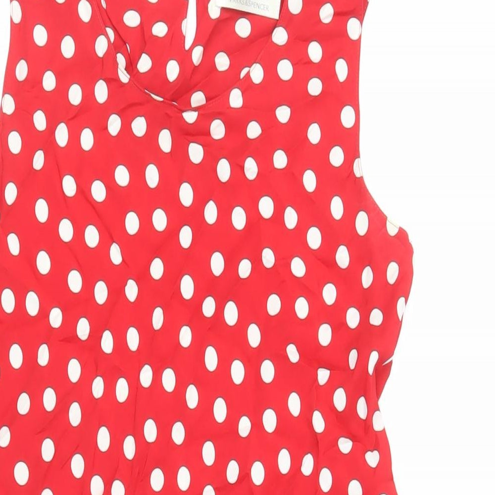 Marks and Spencer Womens Red Polka Dot Viscose A-Line Size 8 Round Neck Button