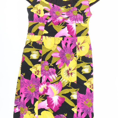 Julien Macdonald Womens Black Floral Cotton Sheath Size 14 Square Neck Zip