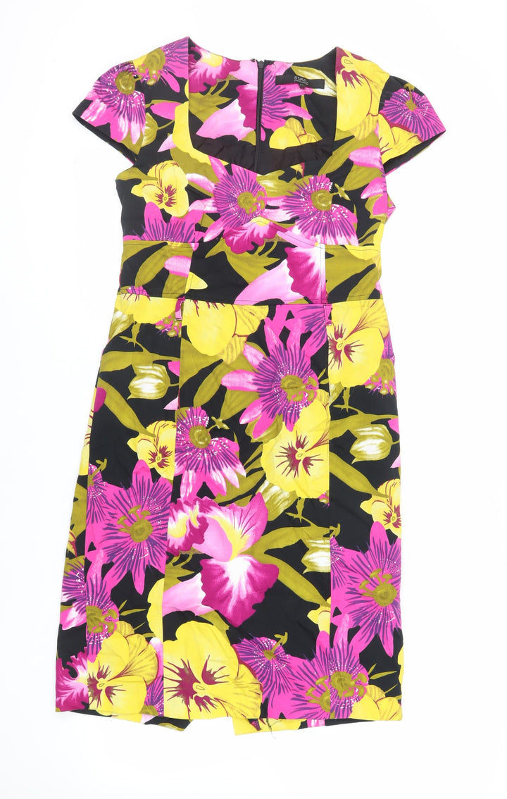 Julien Macdonald Womens Black Floral Cotton Sheath Size 14 Square Neck Zip
