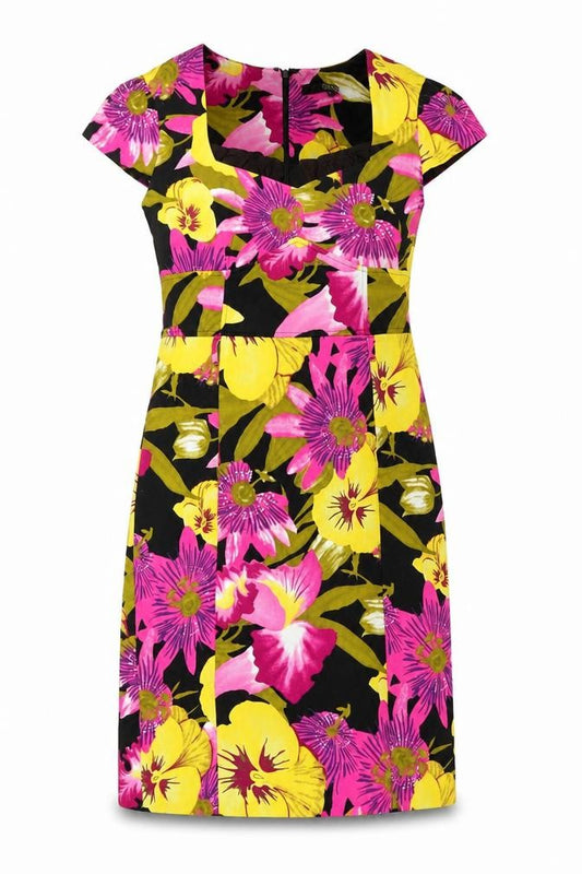 Julien Macdonald Womens Black Floral Cotton Sheath Size 14 Square Neck Zip