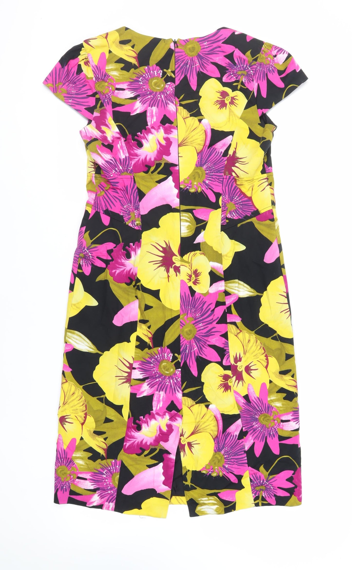 Julien Macdonald Womens Black Floral Cotton Sheath Size 14 Square Neck Zip