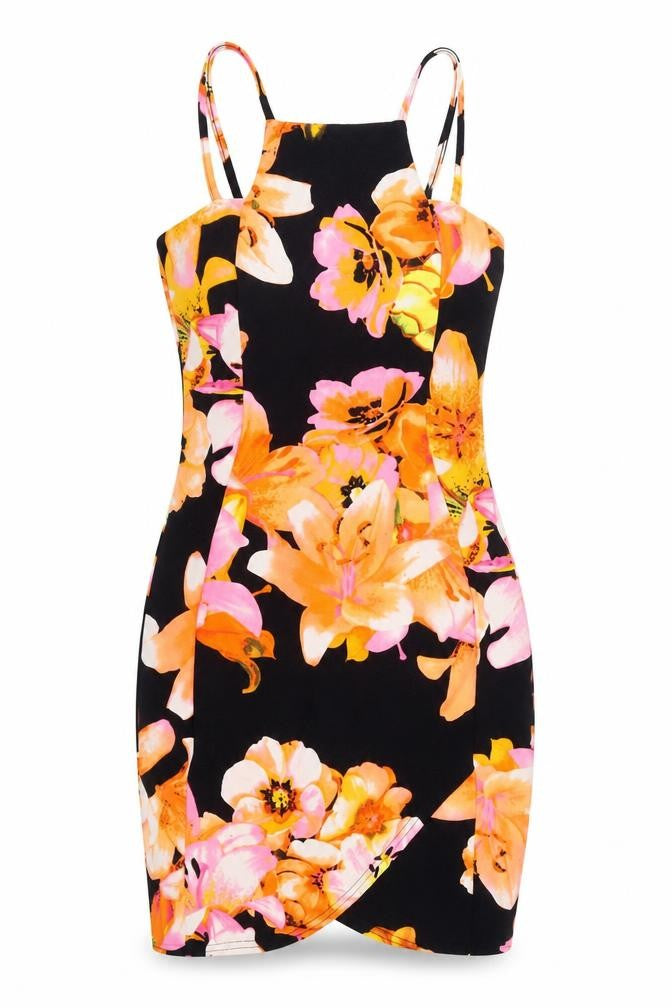 Front view of New Look women’s black floral polyester bodycon, size UK 10, square neck pullover