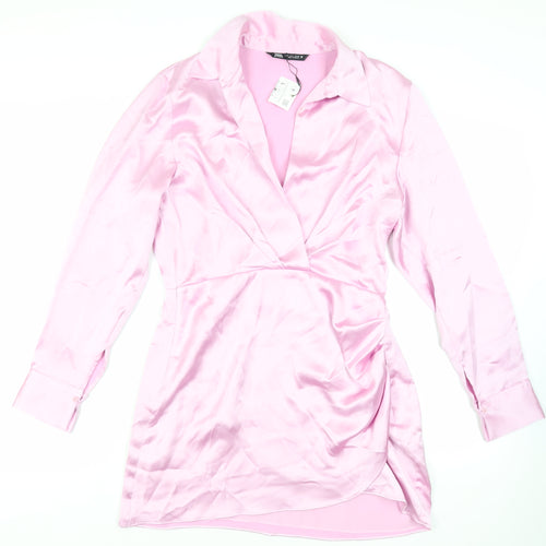 Zara Womens Pink Polyester Shirt Dress Size L Collared Zip