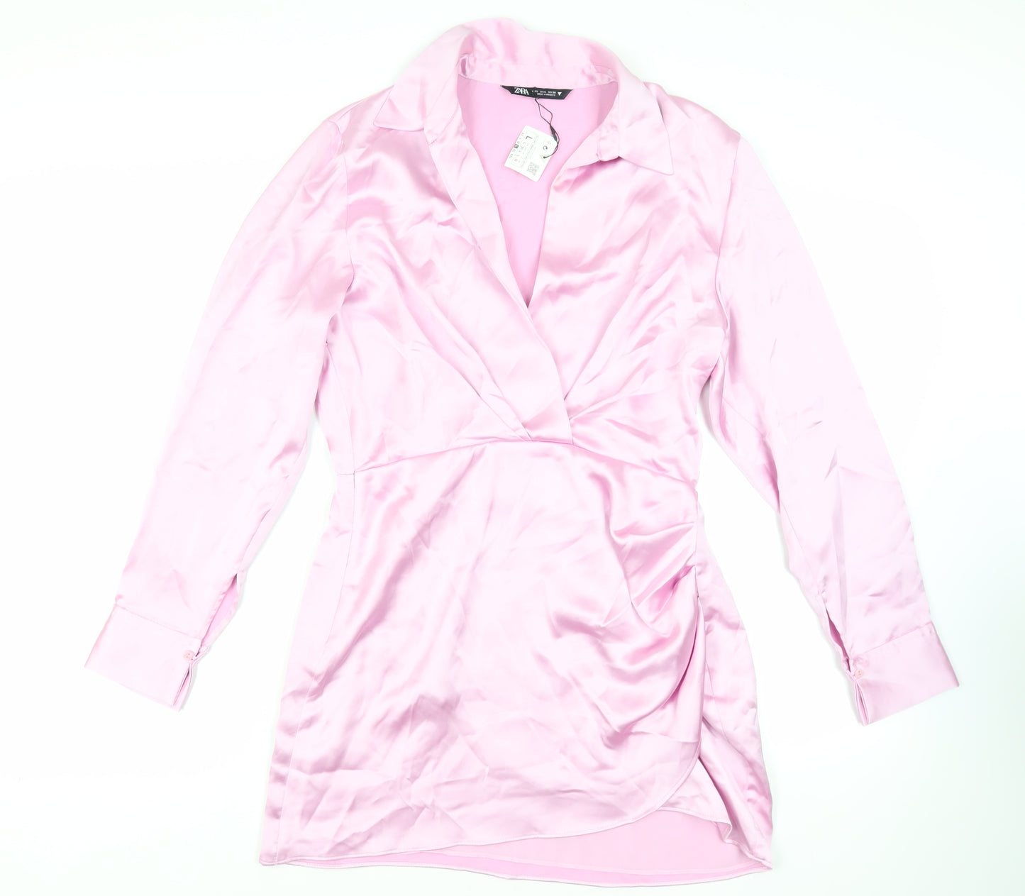 Zara Womens Pink Polyester Shirt Dress Size L Collared Zip