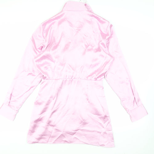 Zara Womens Pink Polyester Shirt Dress Size L Collared Zip