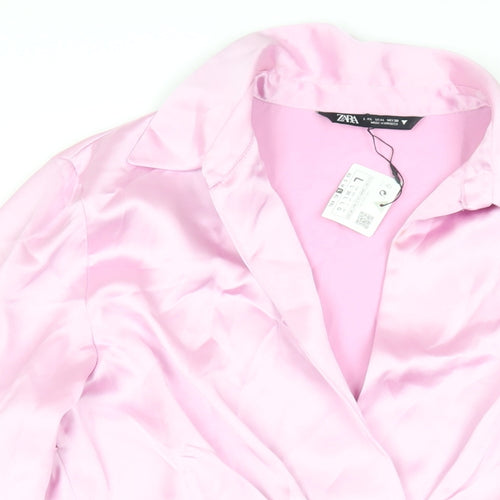 Zara Womens Pink Polyester Shirt Dress Size L Collared Zip