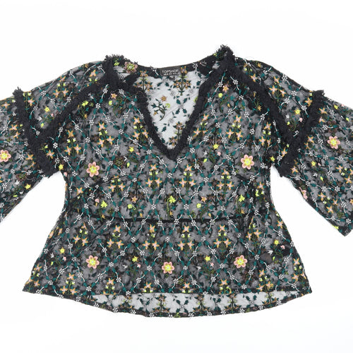Topshop Womens Black Floral Nylon Basic Blouse Size 10 V-Neck - Embroidered Sheer