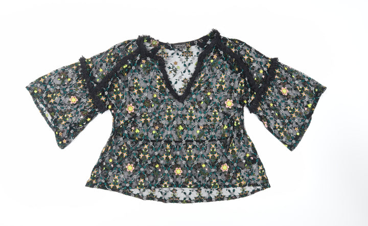 Topshop Womens Black Floral Nylon Basic Blouse Size 10 V-Neck - Embroidered Sheer