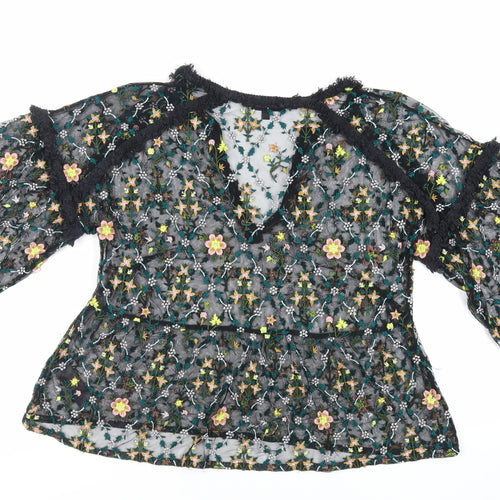 Topshop Womens Black Floral Nylon Basic Blouse Size 10 V-Neck - Embroidered Sheer