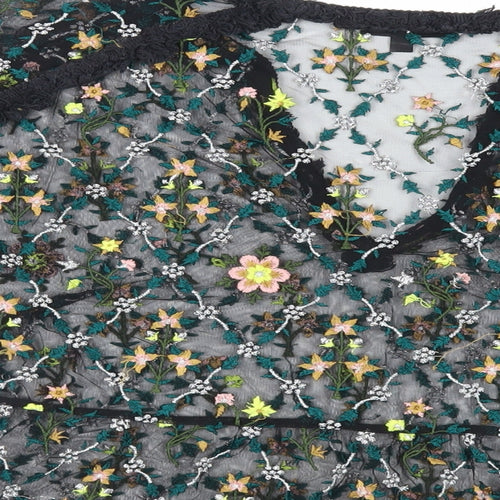 Topshop Womens Black Floral Nylon Basic Blouse Size 10 V-Neck - Embroidered Sheer