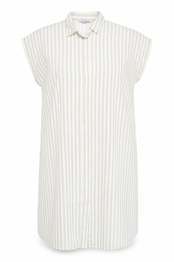 Front view of H&M women’s beige striped polyester shirt dress, size L, collared button